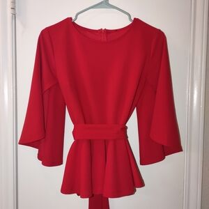 Split Sleeve Red Peplum Blouse With Belt Size: S/M